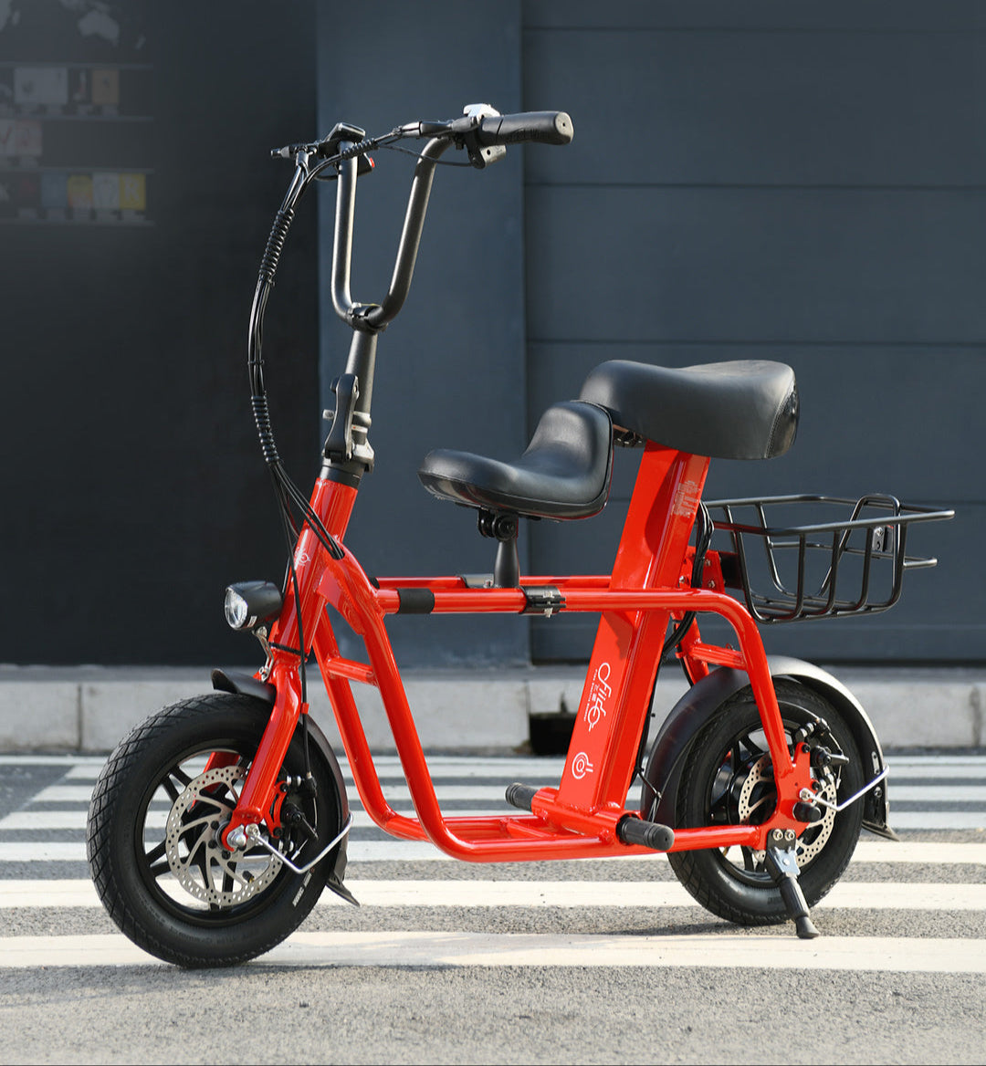 Red electric folding scooter with 'Fiido' branding on a dark background