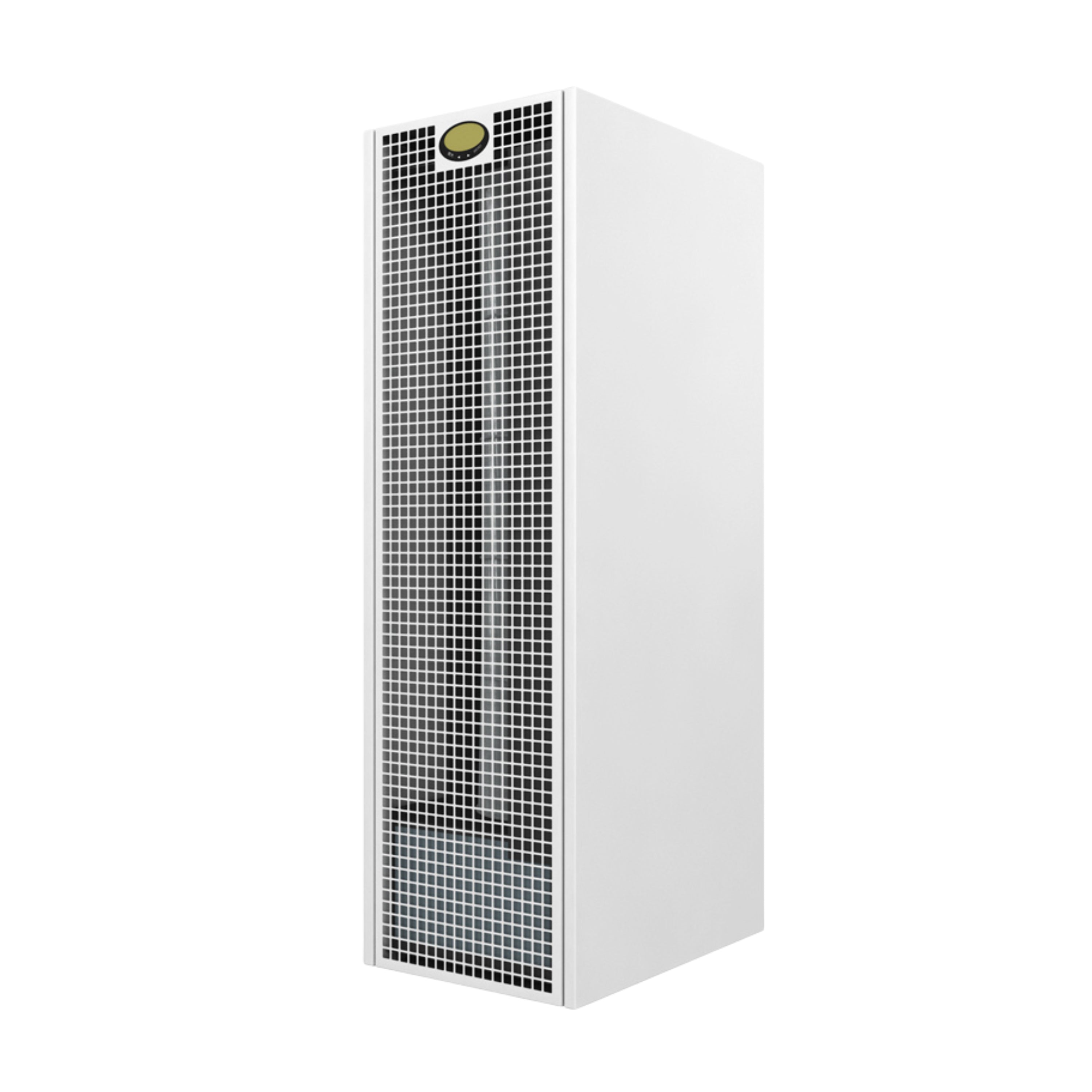 White air purifier with a grid design on a white background