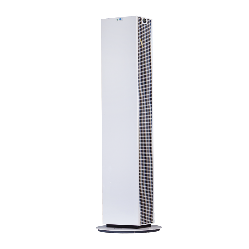 Tall white air purifier with a grid design on a white background