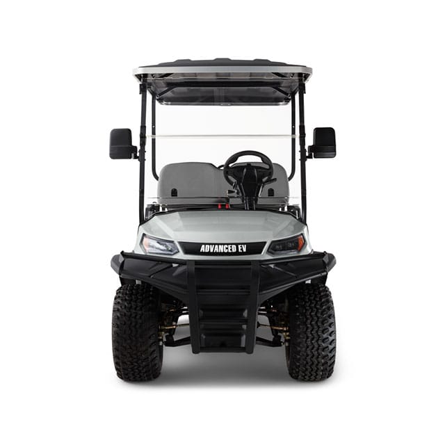 White golf cart with black accents on a white background
