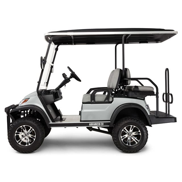 White golf cart with black roof on a white background