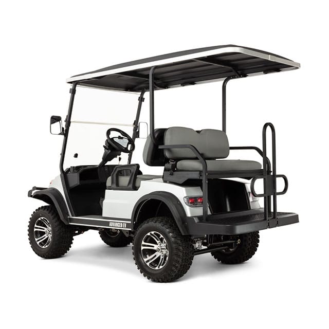 White golf cart with black accents on a white background