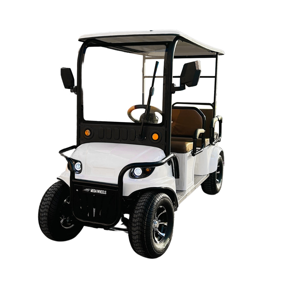 White golf cart with black roof on a white background