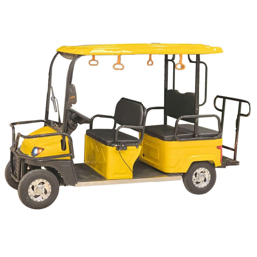 Yellow electric rickshaw with two black seats on a white background