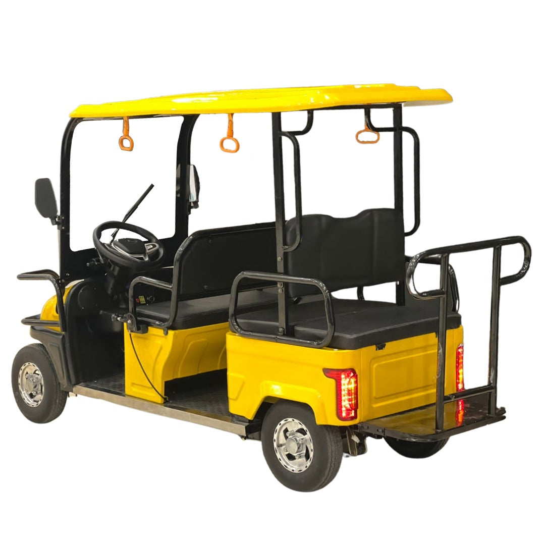 Yellow electric vehicle with black seats on a white background