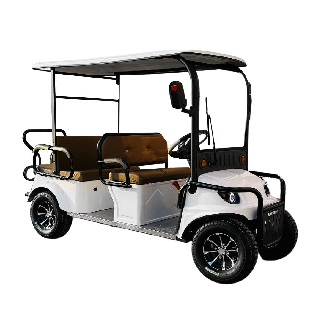White golf cart with brown seats on a white background