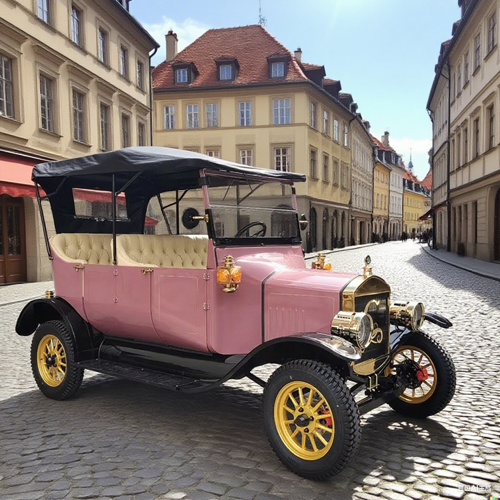 Vintage pink car with yellow wheels on a cobblestone street in an old European town.