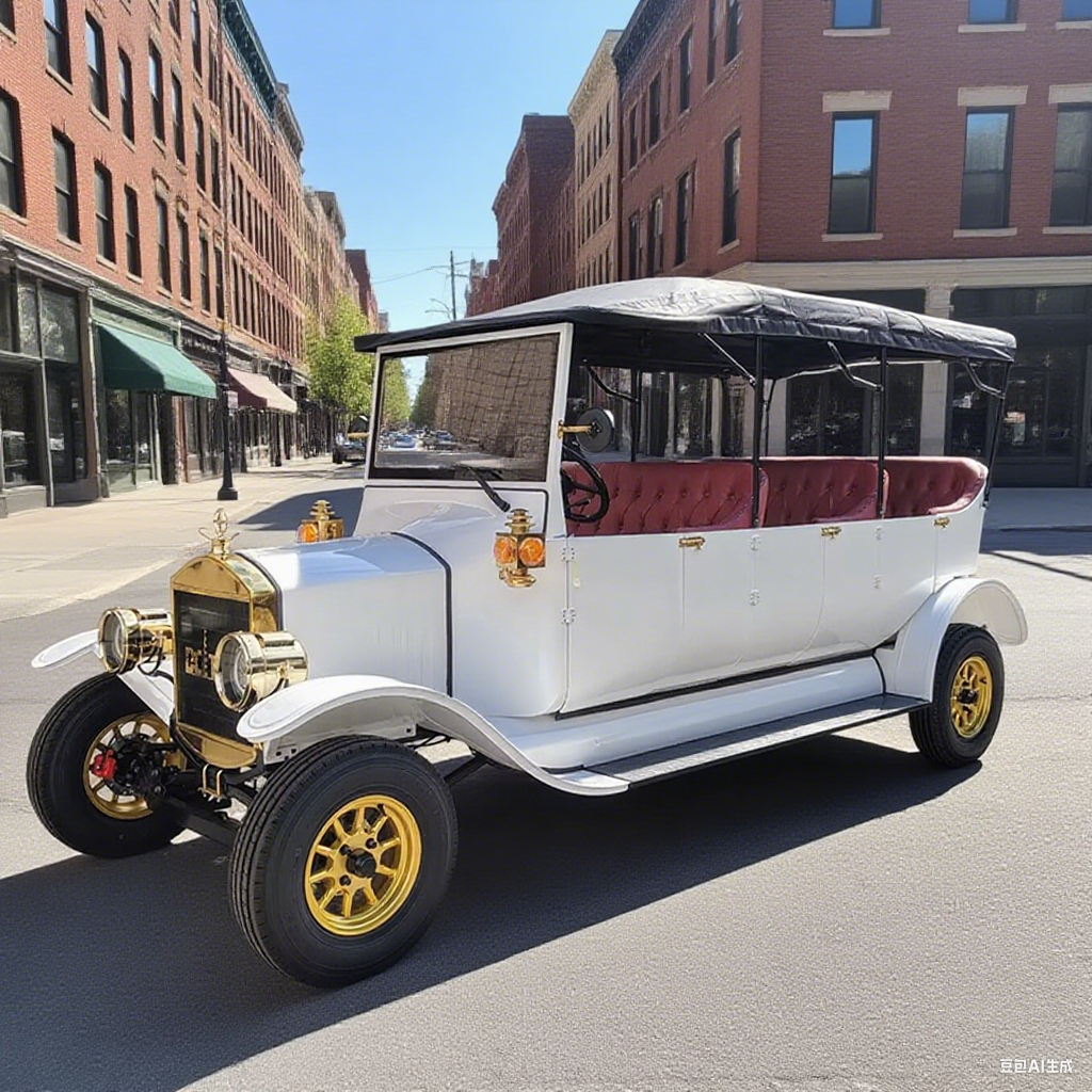 Vintage car with gold accents on a city street