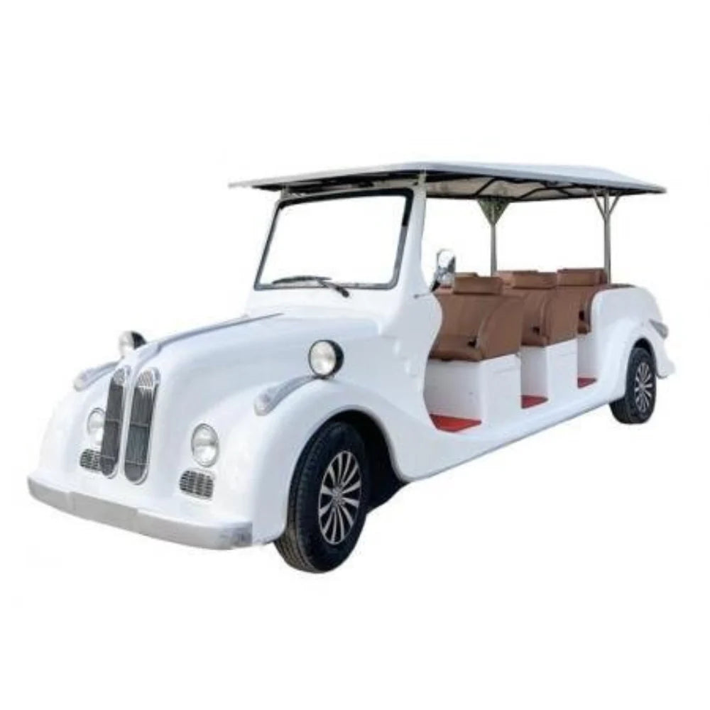 White vintage-style electric car with brown seats on a white background
