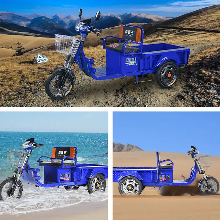 Blue cargo bike with a basket in various outdoor settings