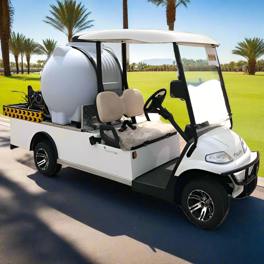 White utility vehicle with a large tank on a white background