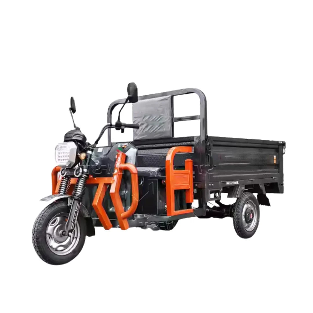 Three-wheeled motor vehicle with a cargo bed on a white background