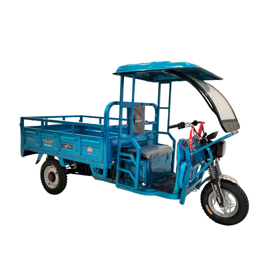 Blue three-wheeled electric vehicle with a canopy on a white background