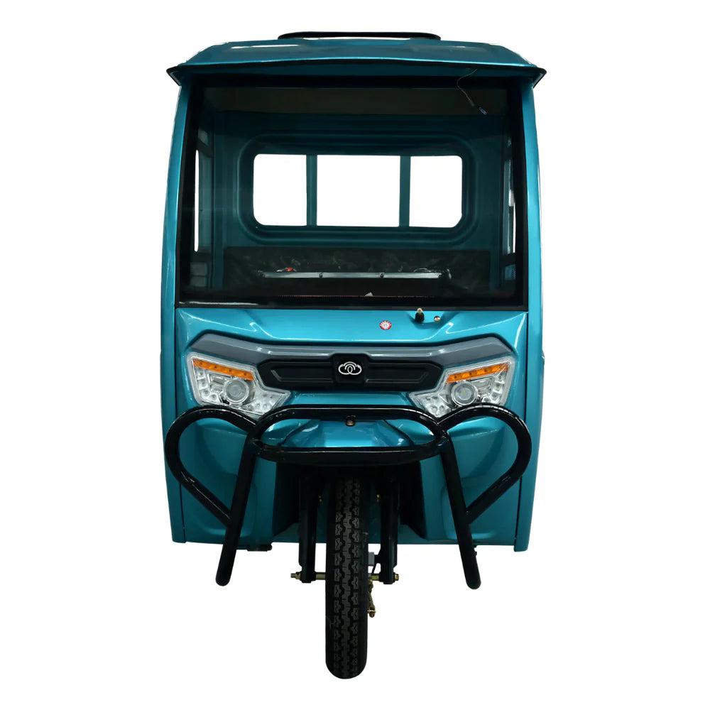 Blue three-wheeled vehicle with a canopy on a white background
