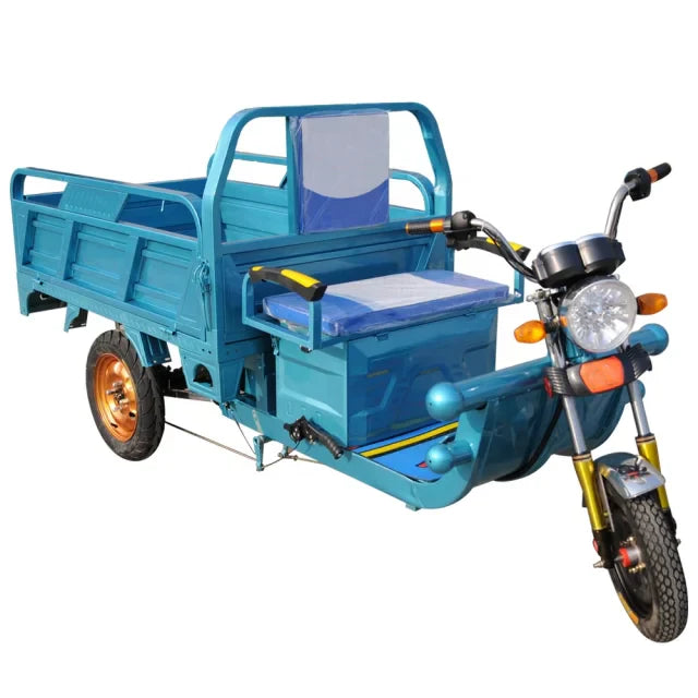 Blue cargo tricycle with a small seat on a white background