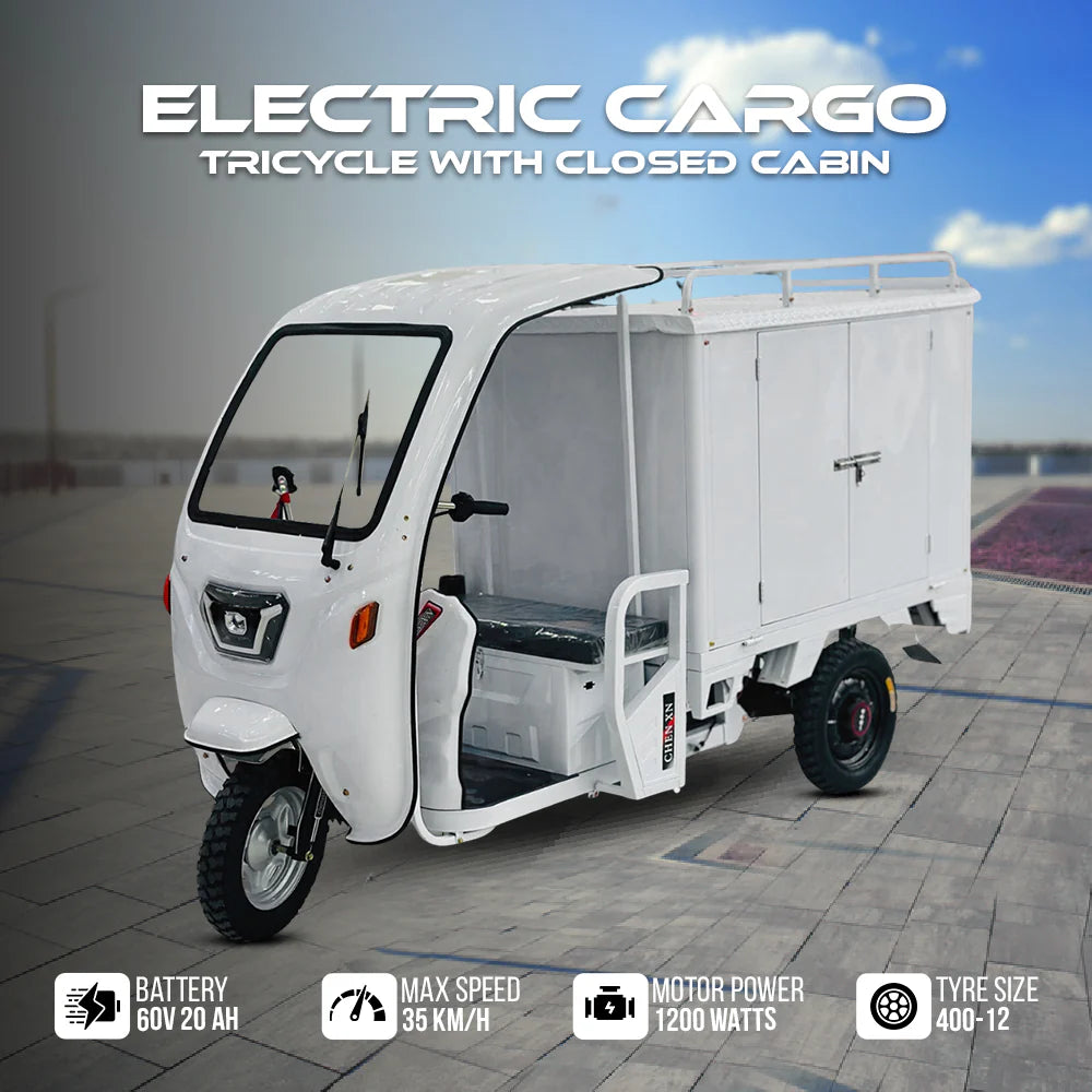 Electric cargo tricycle with closed cabin on a city street