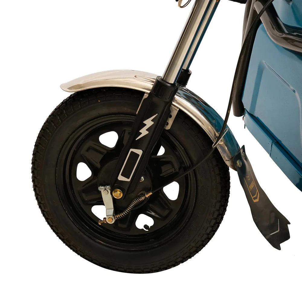 Close-up of a motorcycle wheel with suspension and fender on a white background