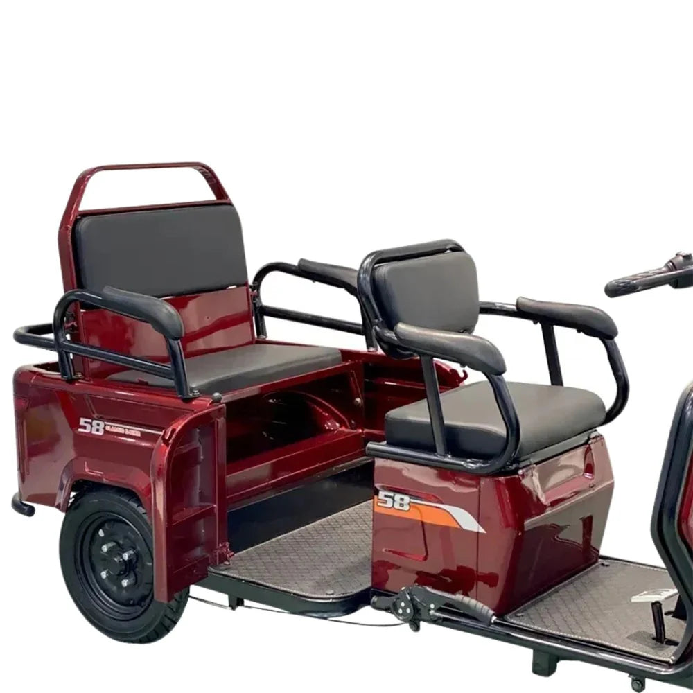 Red golf cart with black seats on a white background