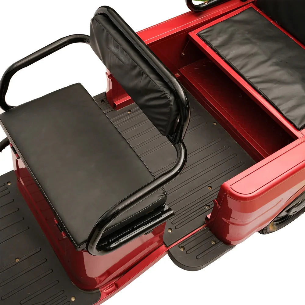Close-up of a red vehicle seat with black cushion on a white background