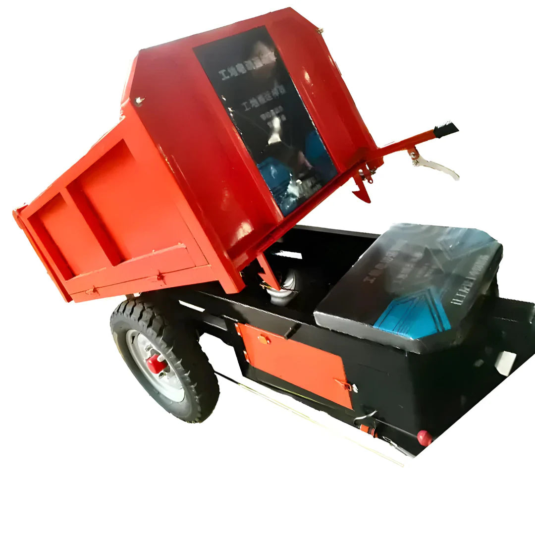 Red and black machine with a dump bed on a white background