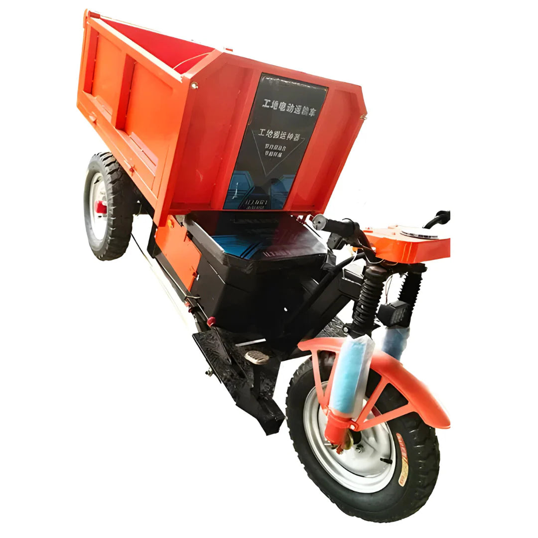 Small electric vehicle with a red cargo box on a white background