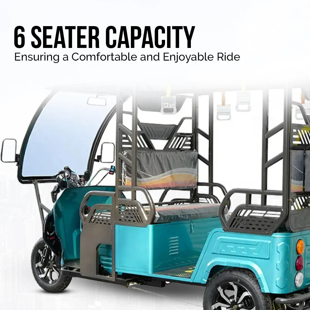 Blue electric vehicle with six-seater capacity on a white background