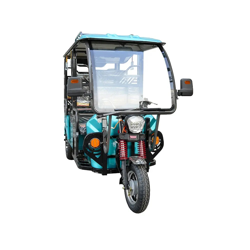 Blue and black three-wheeled vehicle on a white background