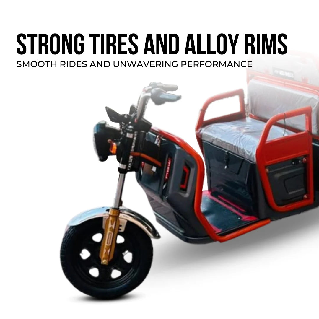 Motorized tricycle with strong tires and alloy rims on a white background