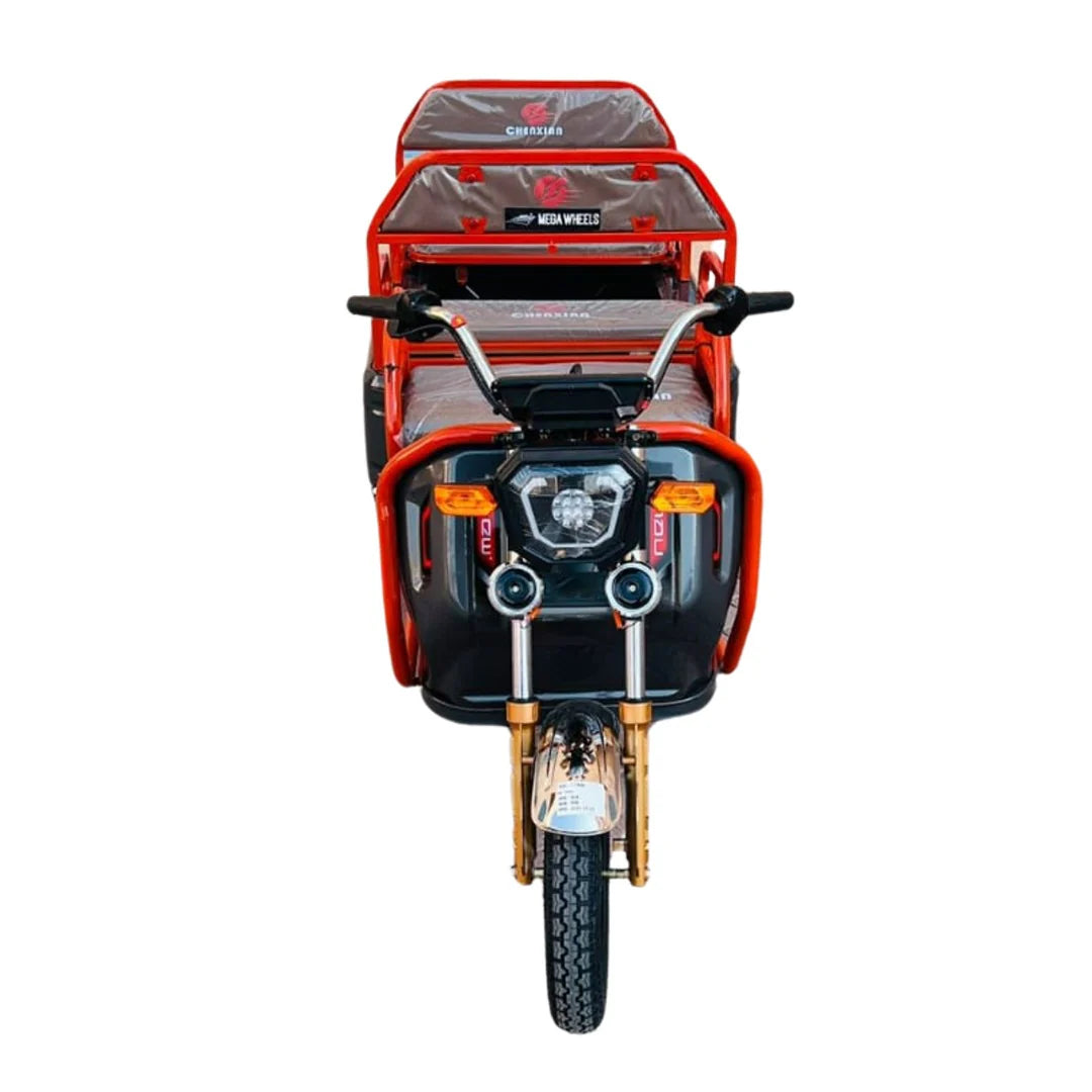 Red and black tricycle with a canopy on a white background