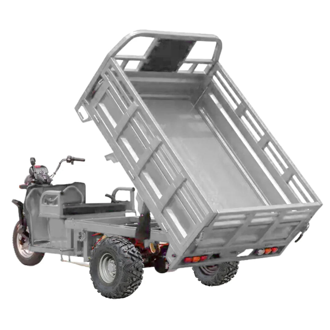 Gray dump trailer attached to a vehicle on a white background