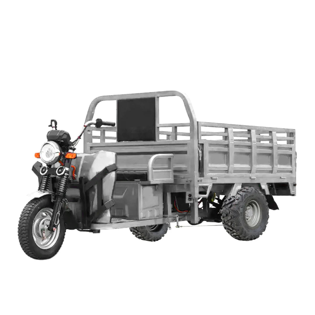 Three-wheeled motor vehicle with a cargo bed on a white background