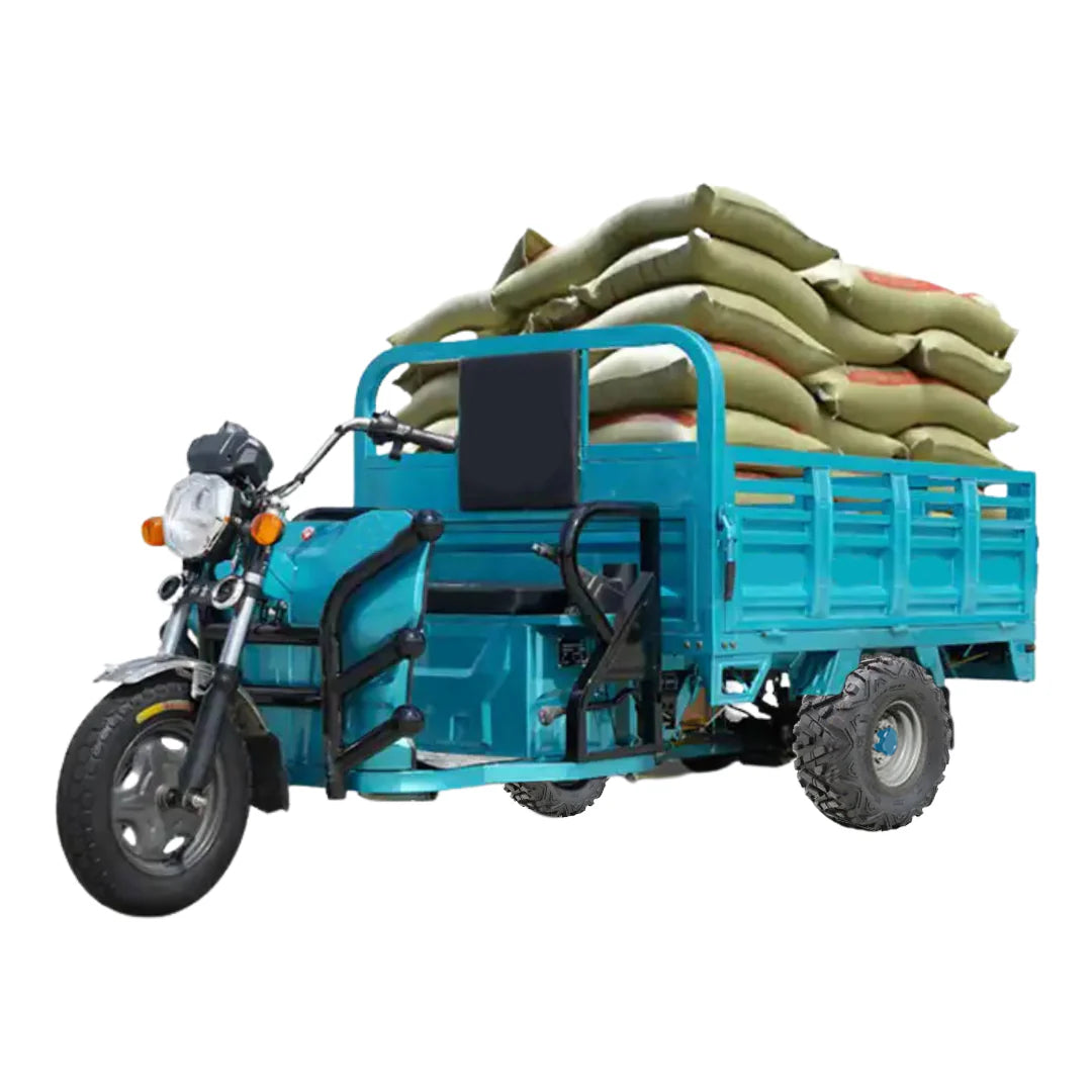 Blue cargo tricycle with a trailer carrying bags on a white background