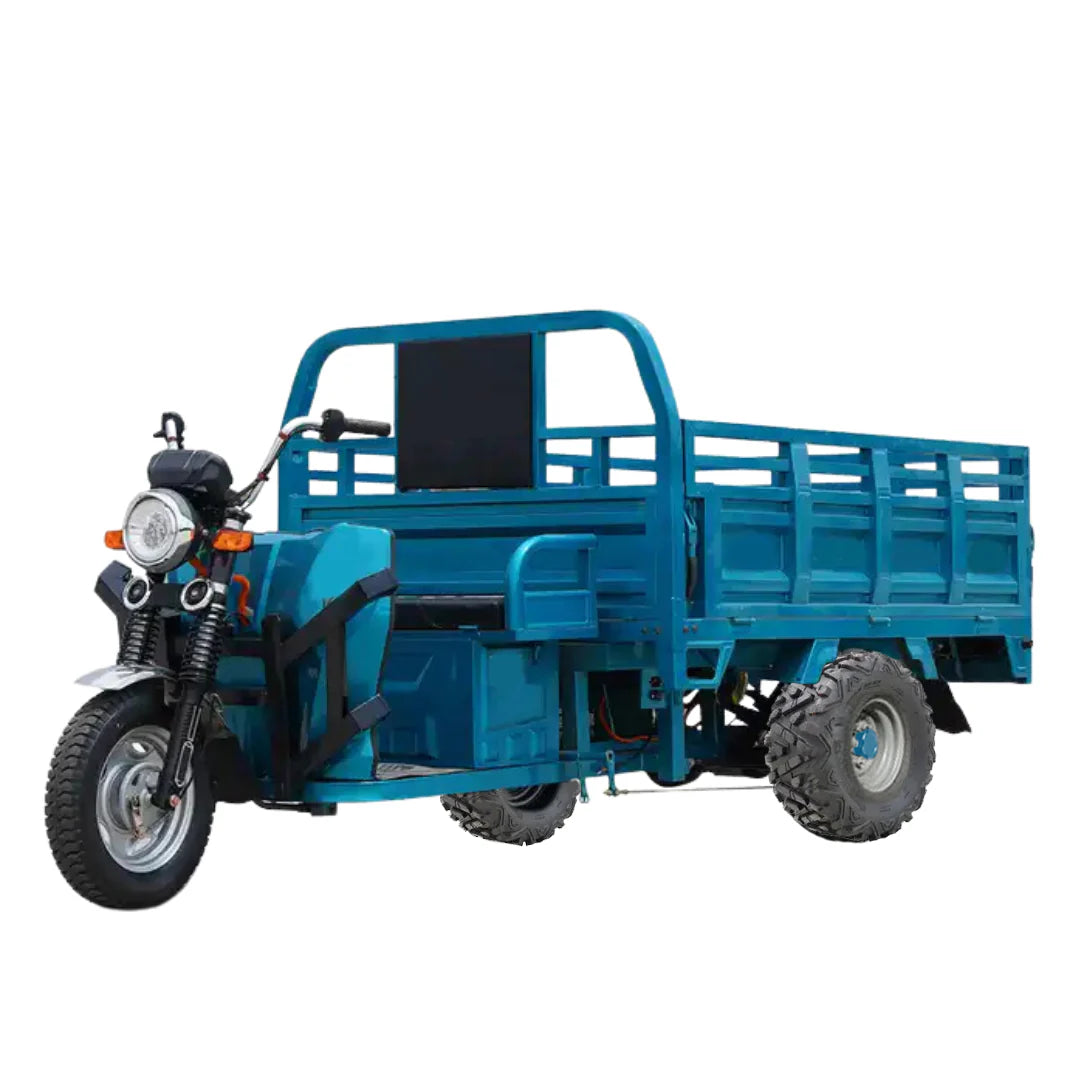 Blue three-wheeled motor vehicle with a cargo bed on a white background