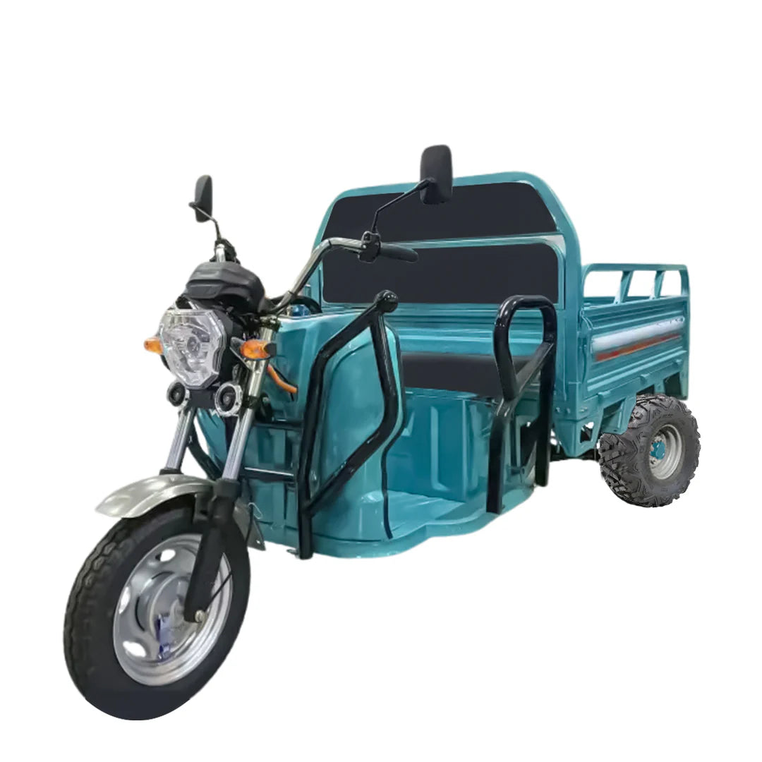 Teal motorcycle with sidecar on a white background