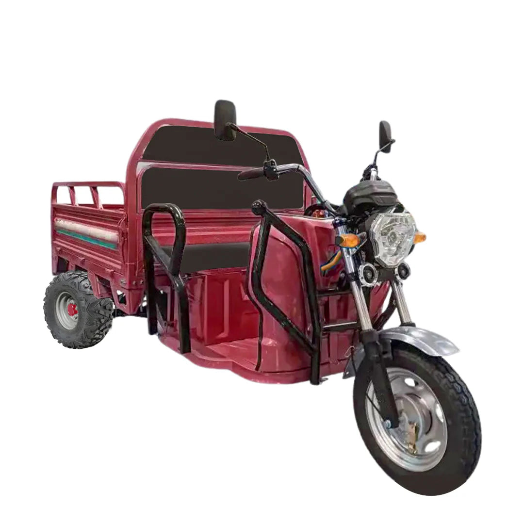 Red three-wheeled motorcycle with a cargo bed on a white background