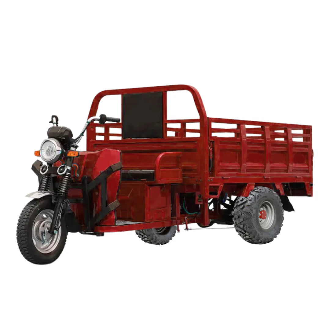 Red three-wheeled vehicle with a cargo bed on a white background