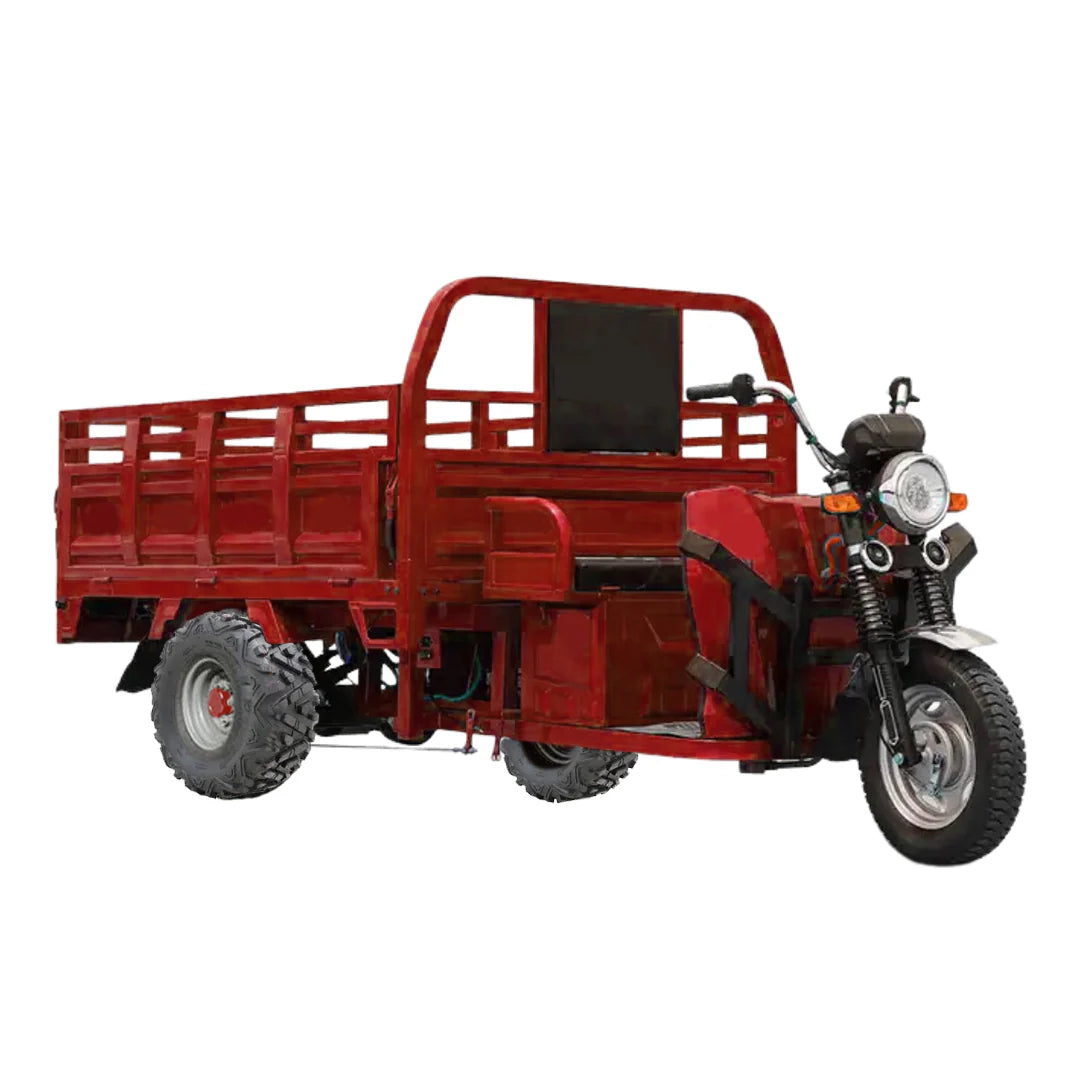 Red three-wheeled motor vehicle with a cargo bed on a white background