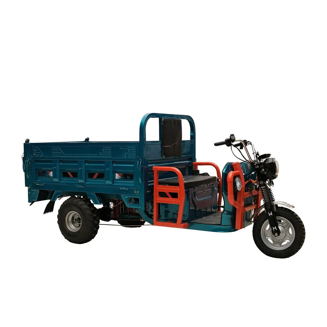Blue and red three-wheeled motor vehicle on a white background