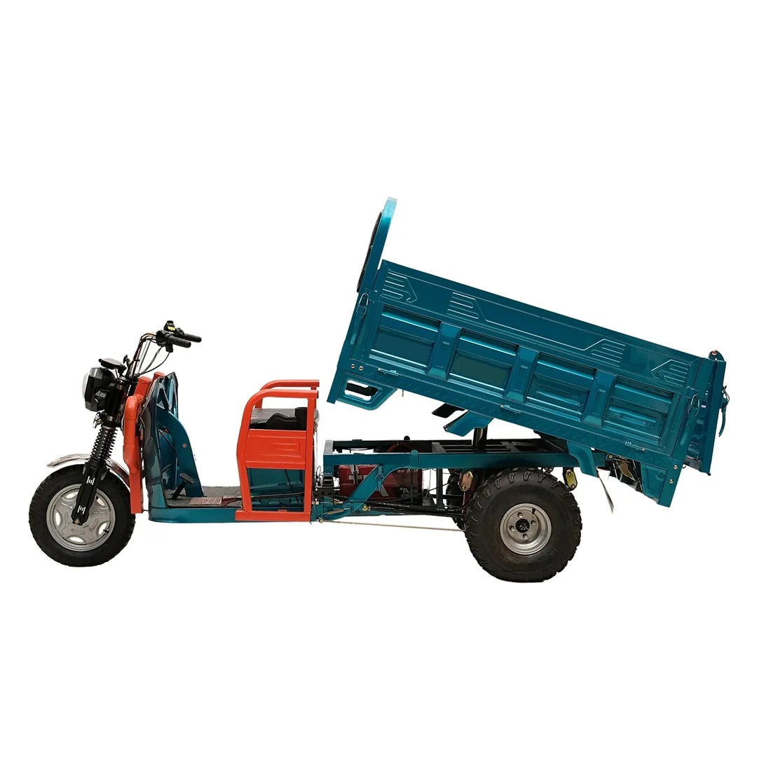 Three-wheeled vehicle with a blue cargo bed on a white background