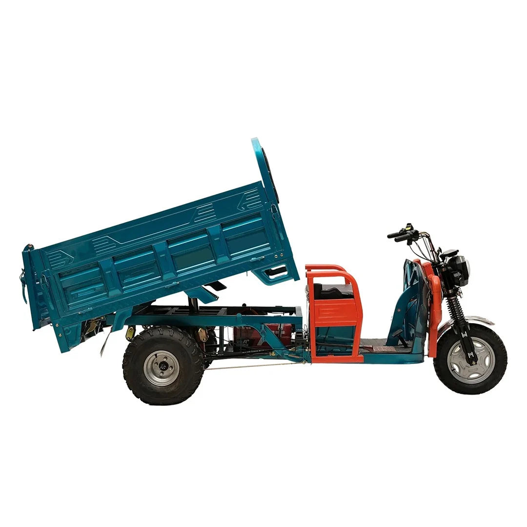 Three-wheeled vehicle with a blue cargo bed on a white background