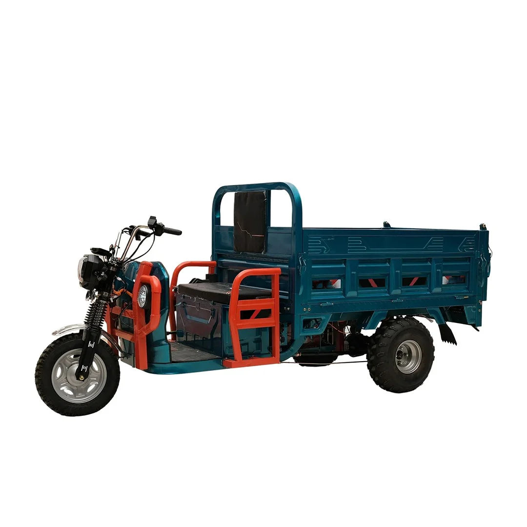 Blue and orange cargo tricycle on a white background