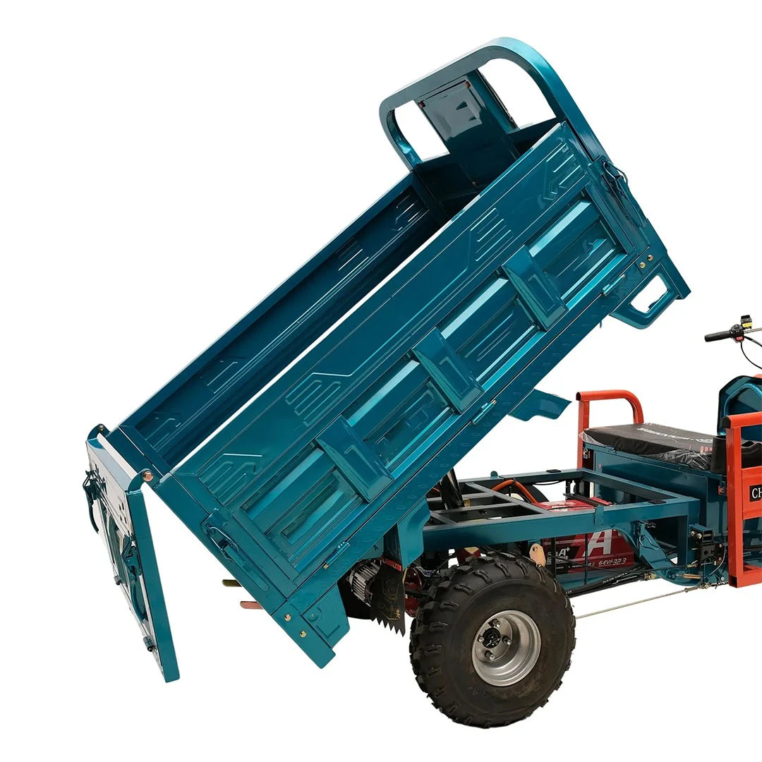 Blue dump truck with an extended bed on a white background