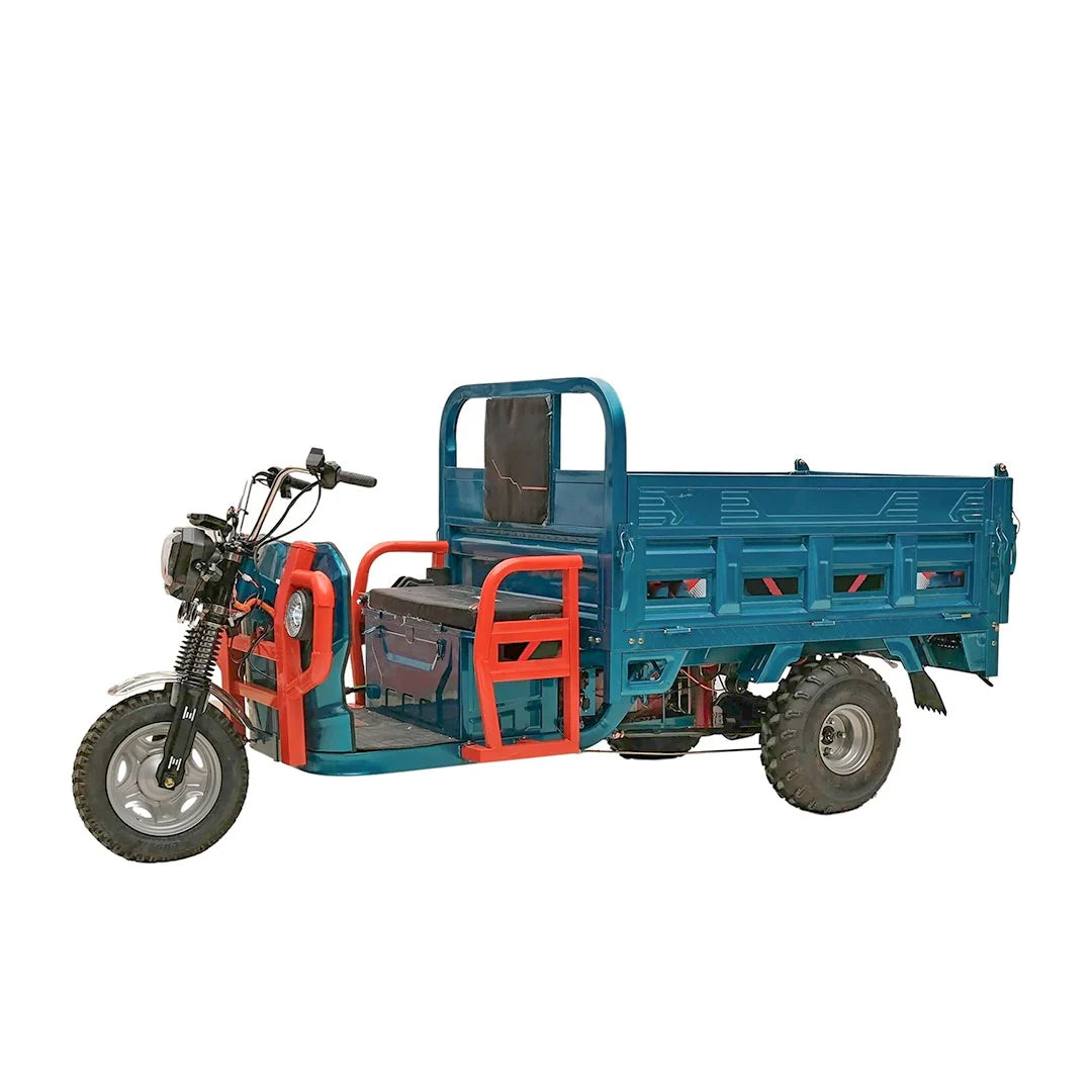 Blue and red three-wheeled motor vehicle on a white background