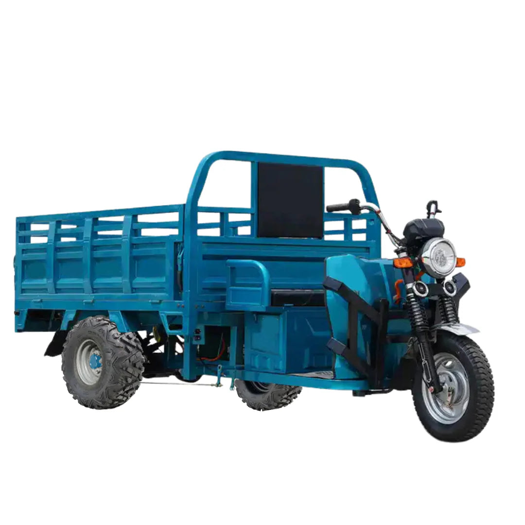 Blue three-wheeled motor vehicle with a cargo bed on a white background