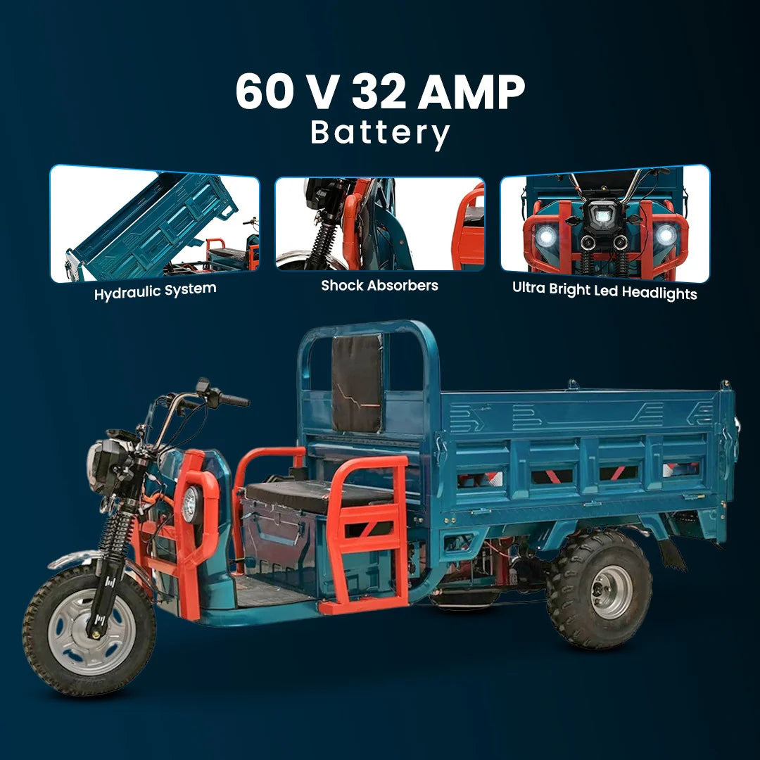 Small blue and orange vehicle with 60V 32Amp battery features on a dark background