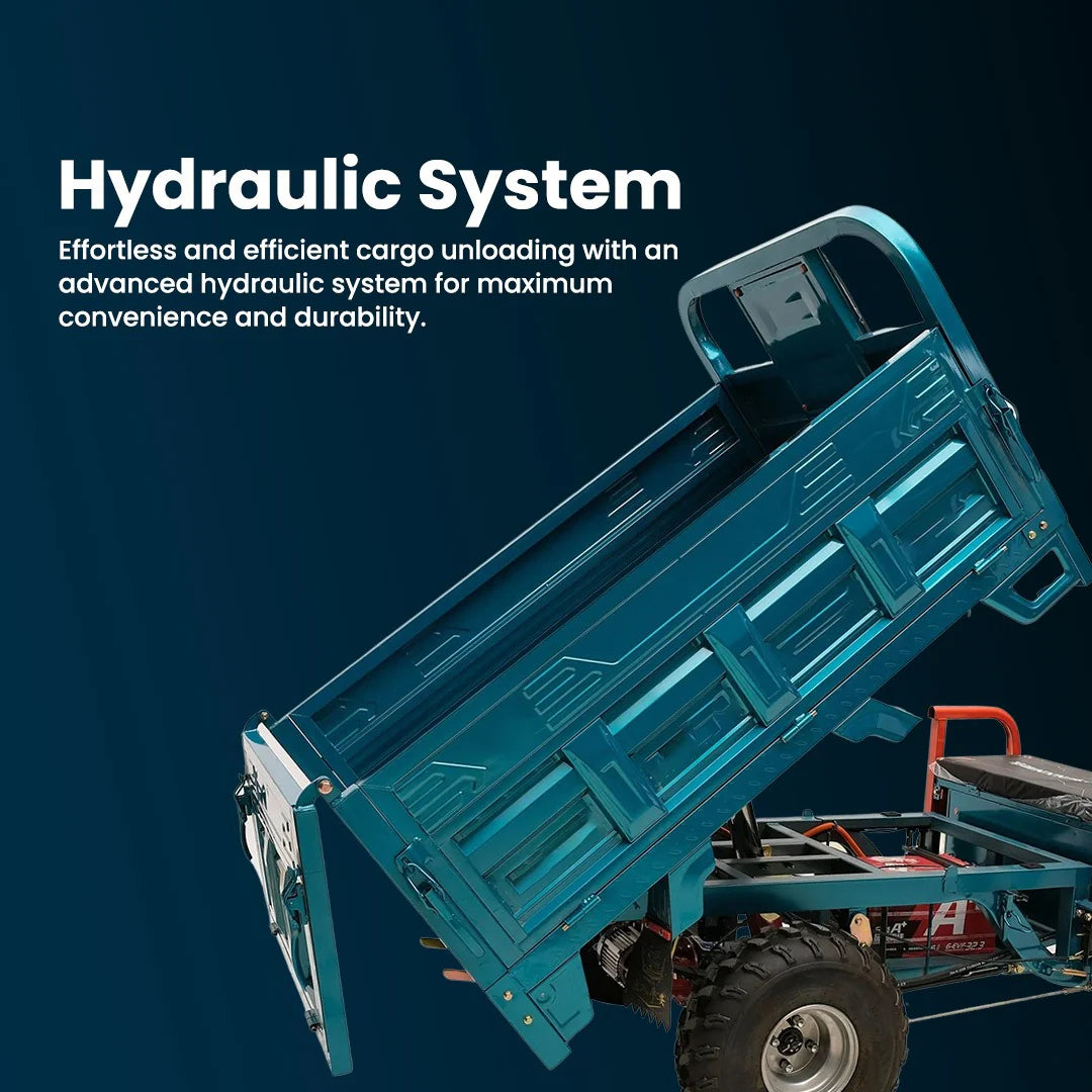 Blue hydraulic cargo unloading system with text on a dark blue background