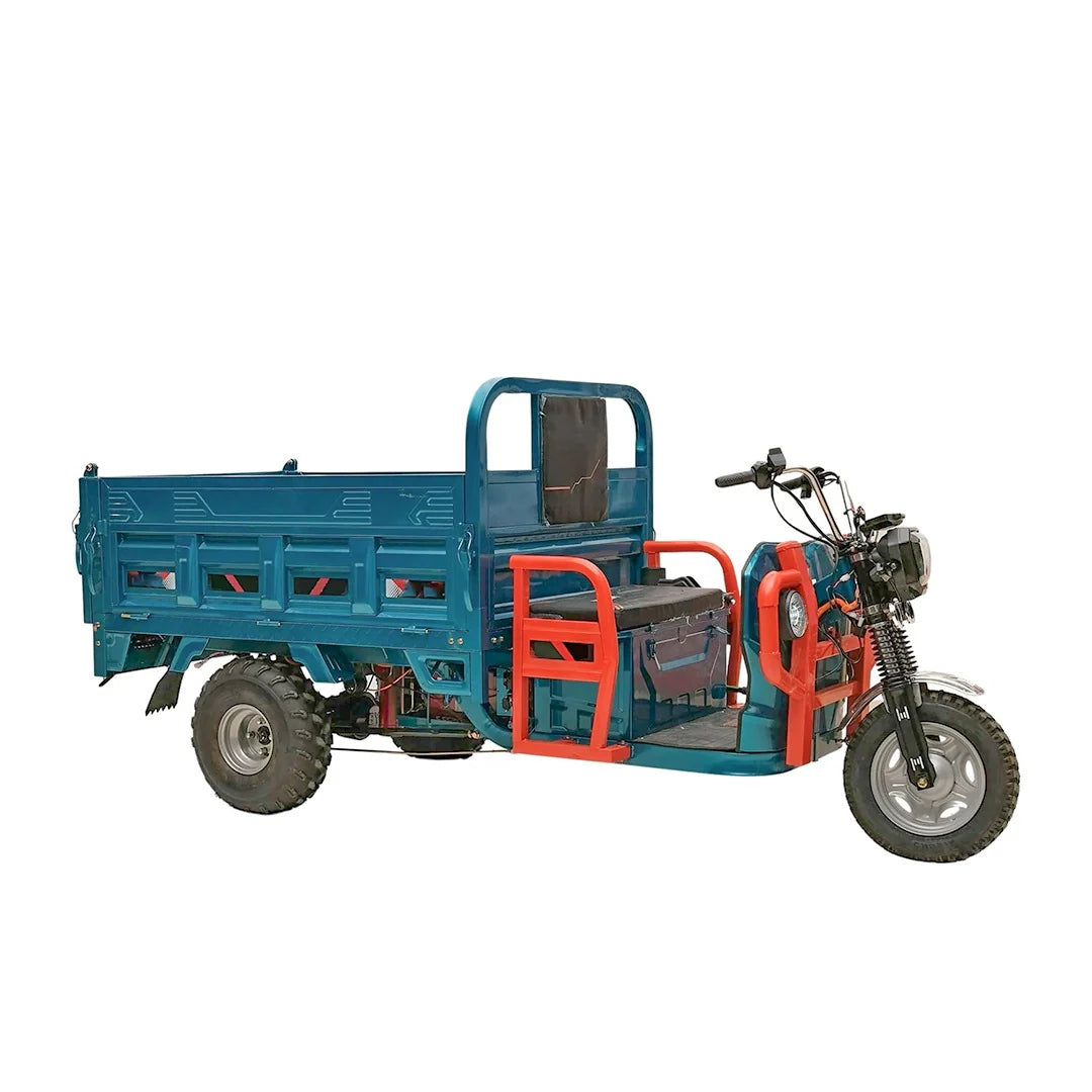 Blue and red three-wheeled motor vehicle on a white background