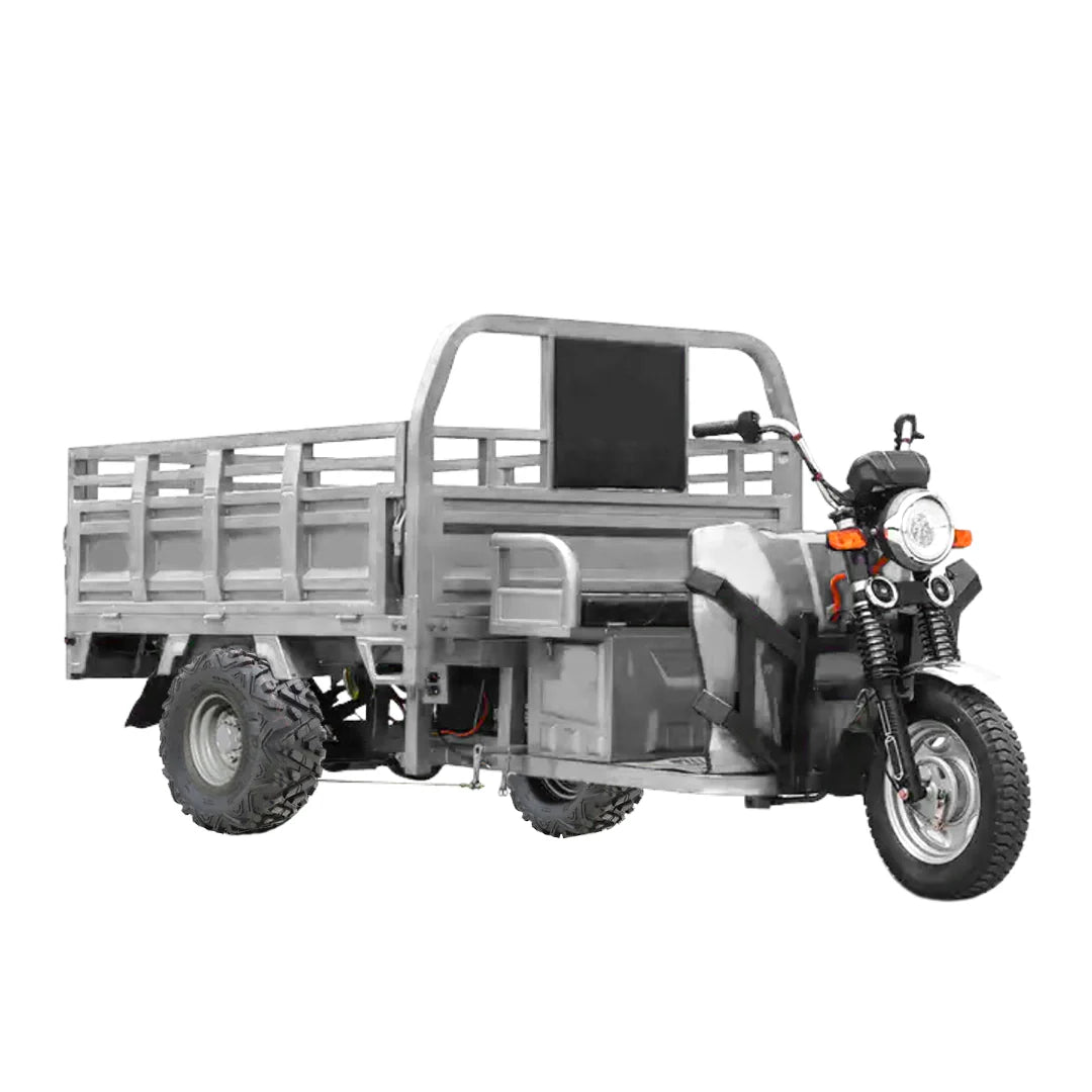 Three-wheeled motor vehicle with a cargo bed on a white background