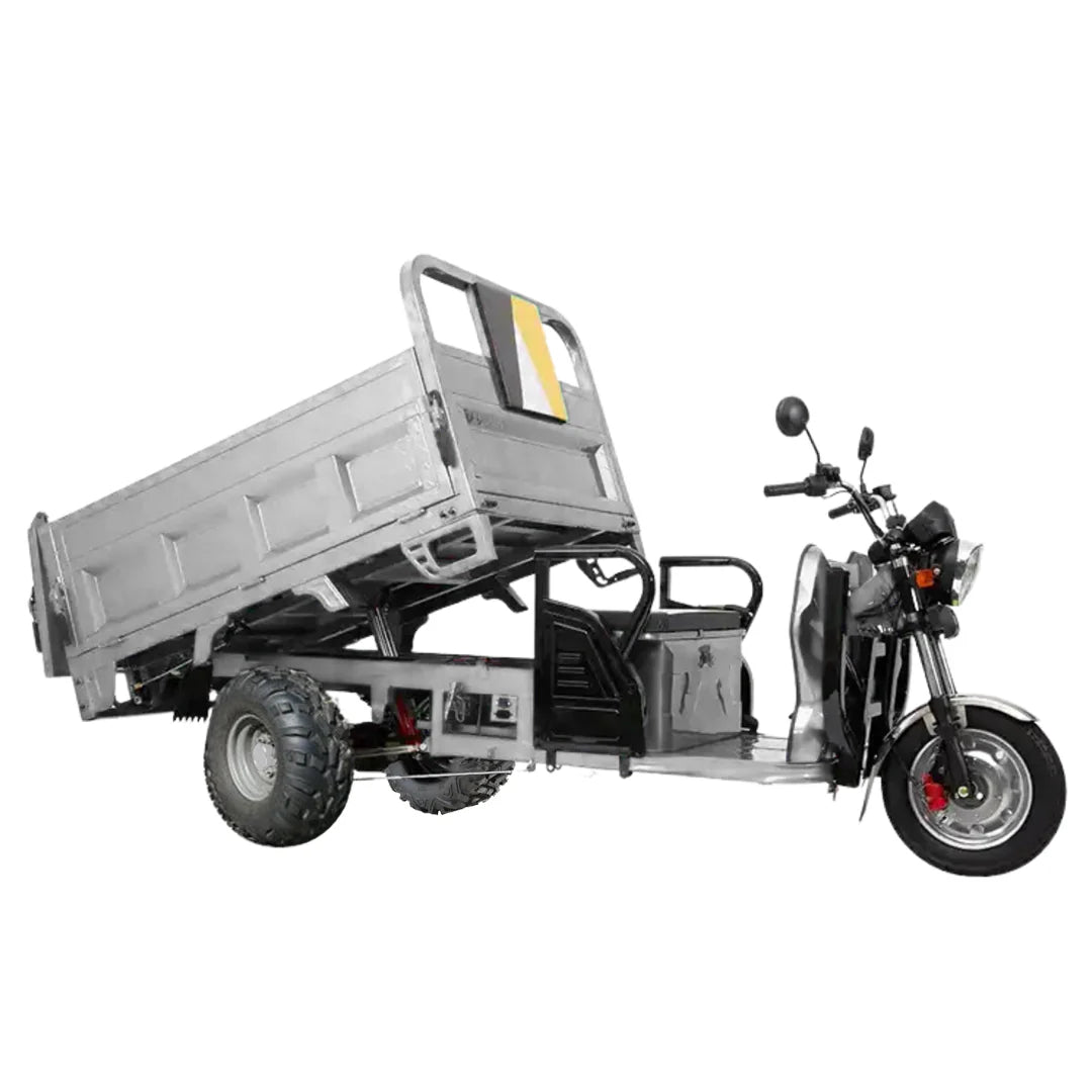 Three-wheeled motor vehicle with a cargo bed on a white background