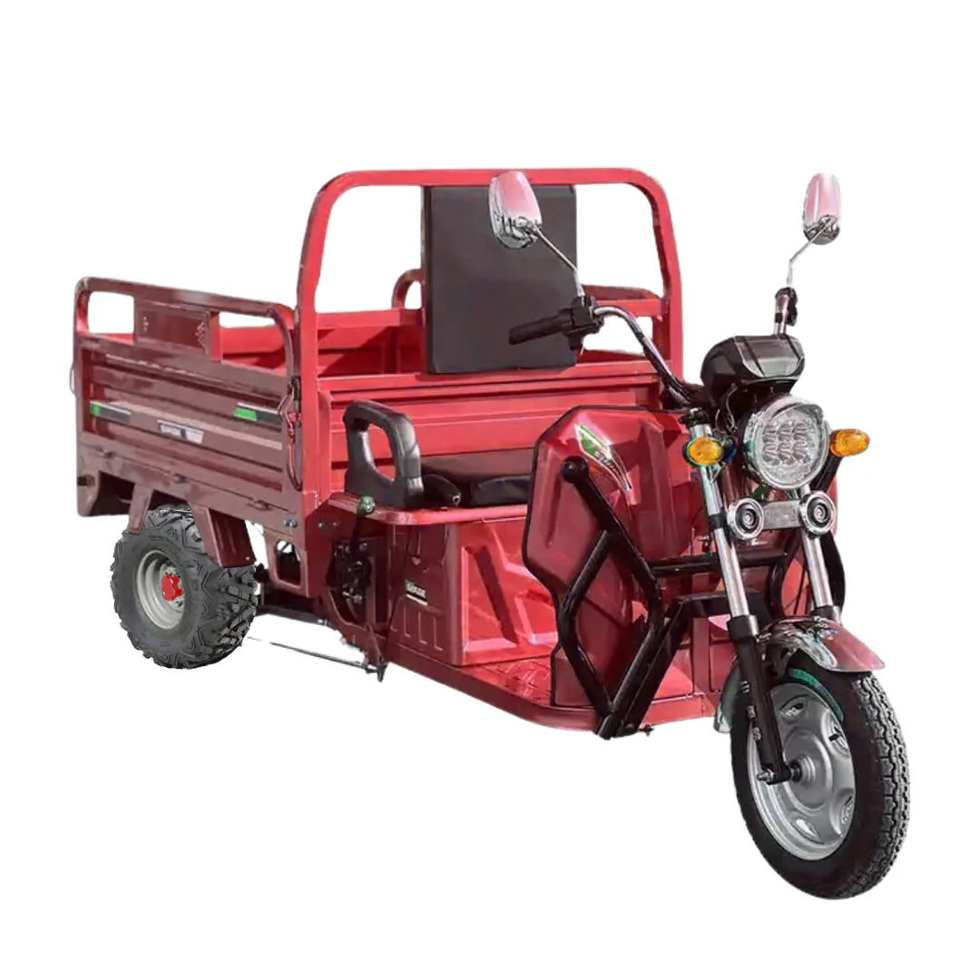 Red three-wheeled motorcycle with a cargo bed on a white background